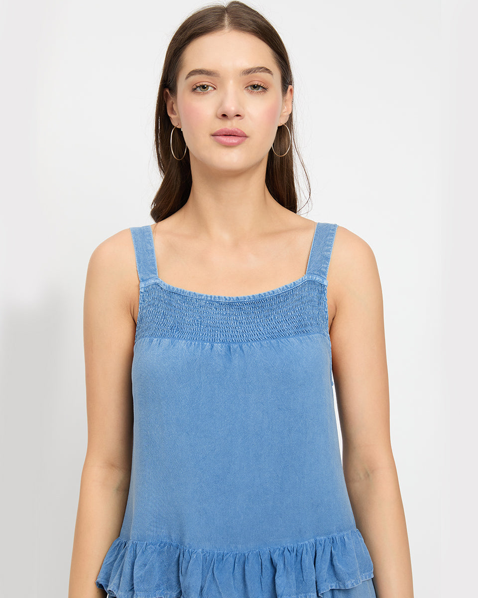 Solid Blue Women Denim Midi Dress with Ruffle Hem