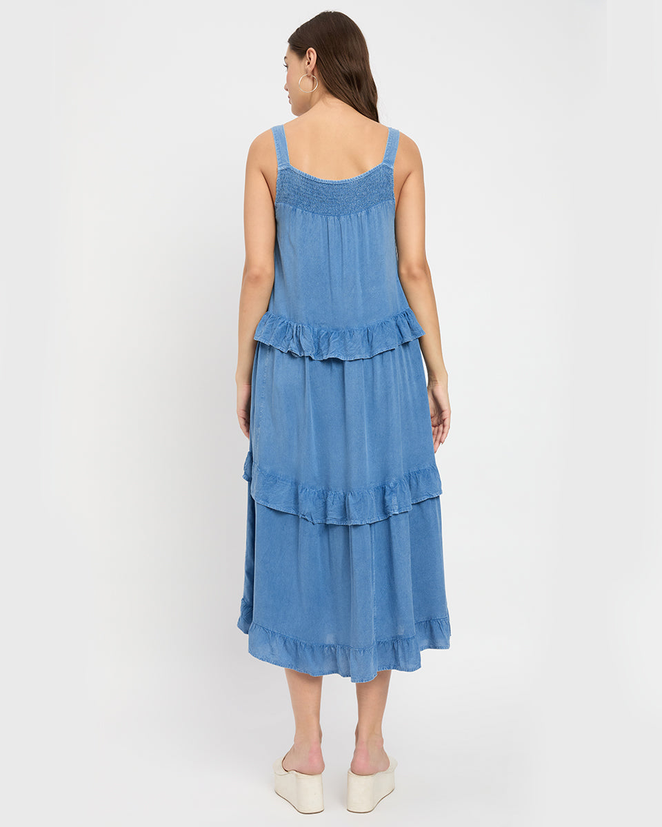 Solid Blue Women Denim Midi Dress with Ruffle Hem