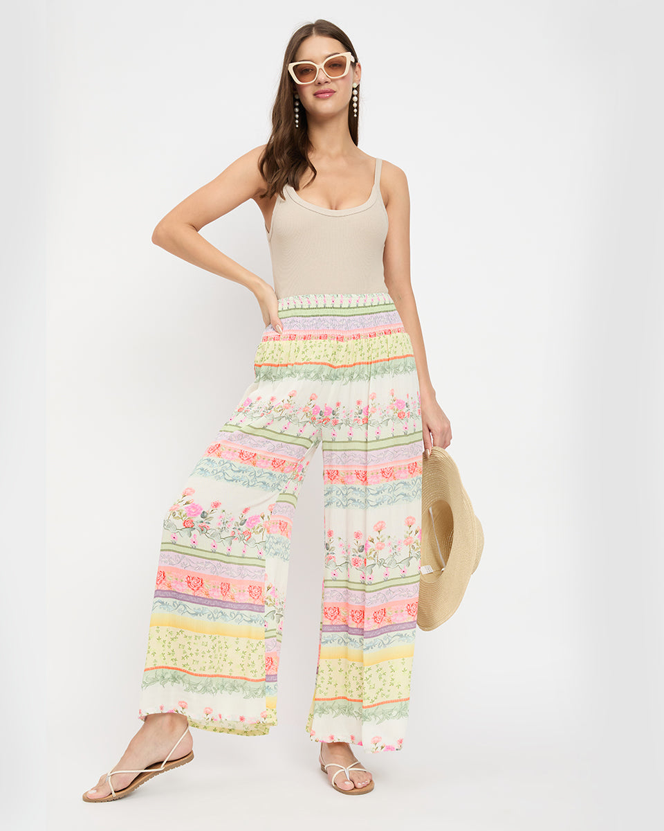 White Floral Print Alluring Rayon Crepe Bottom Pants For Women