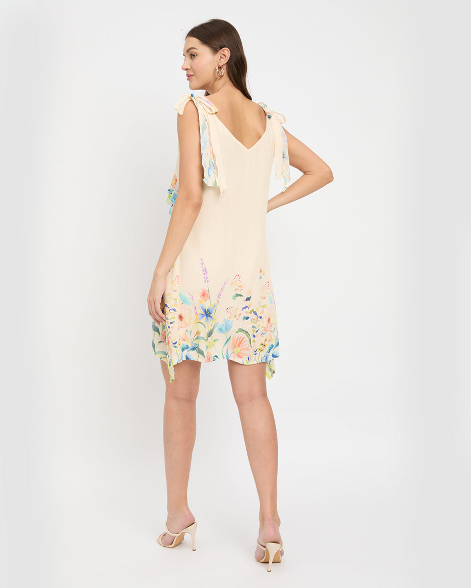 Cream Color Floral Print Rayon Crepe Sundress Women Mini Dress