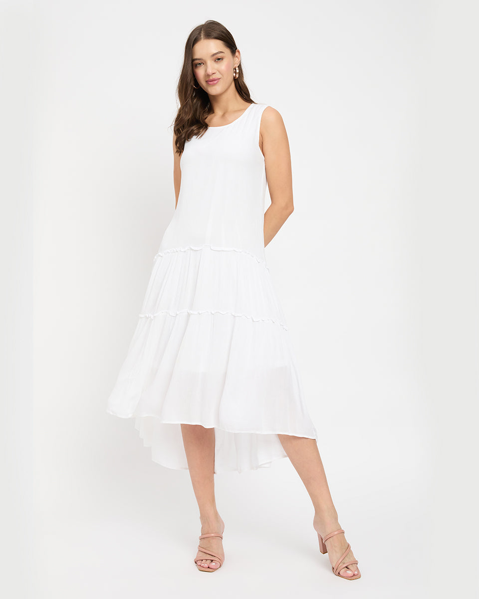 White Color Rayon Elegant Midi Dress for Women XL