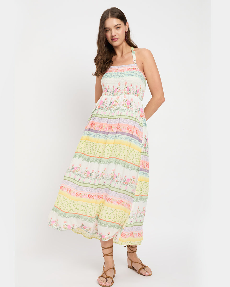 White Floral Astonishing Rayon Crepe Halter Neck Dress For Women