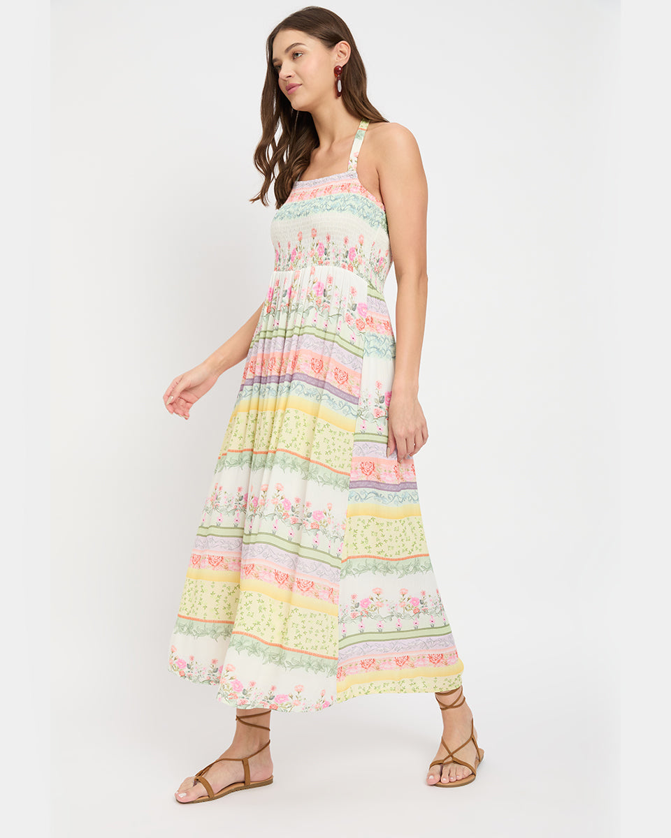 White Floral Astonishing Rayon Crepe Halter Neck Dress For Women