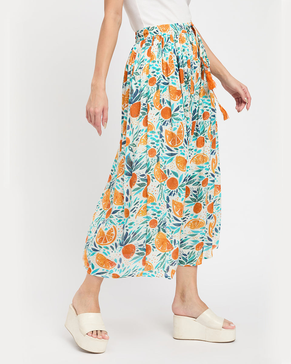 Fruit And Leaf Printed Rayon And Poly Knit Skirt For Women
