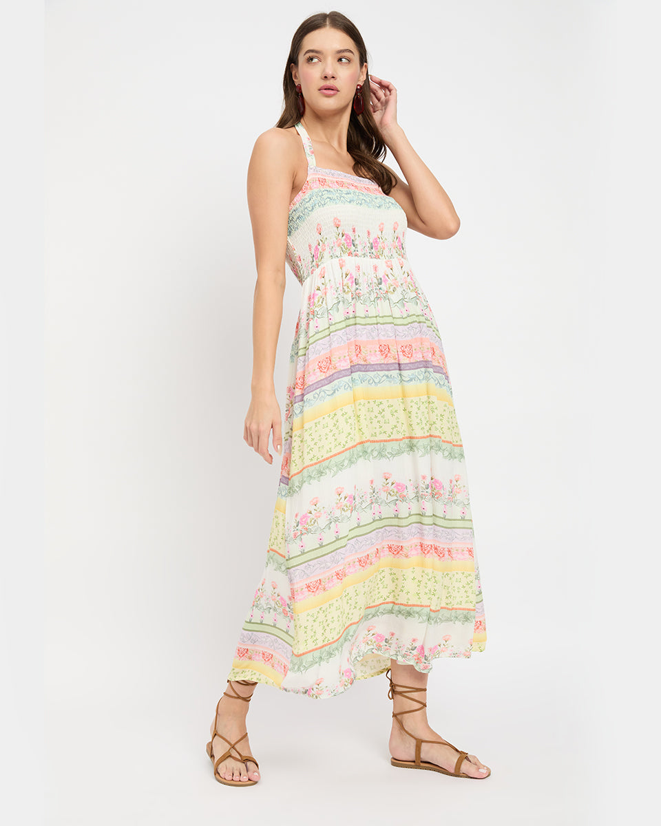 White Floral Astonishing Rayon Crepe Halter Neck Dress For Women