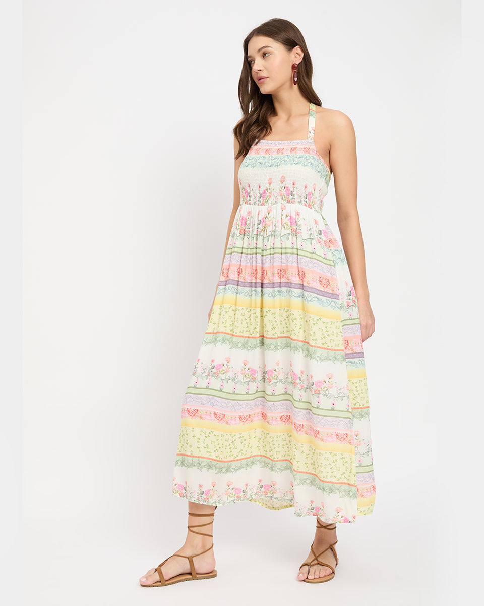 White Floral Astonishing Rayon Crepe Halter Neck Dress For Women