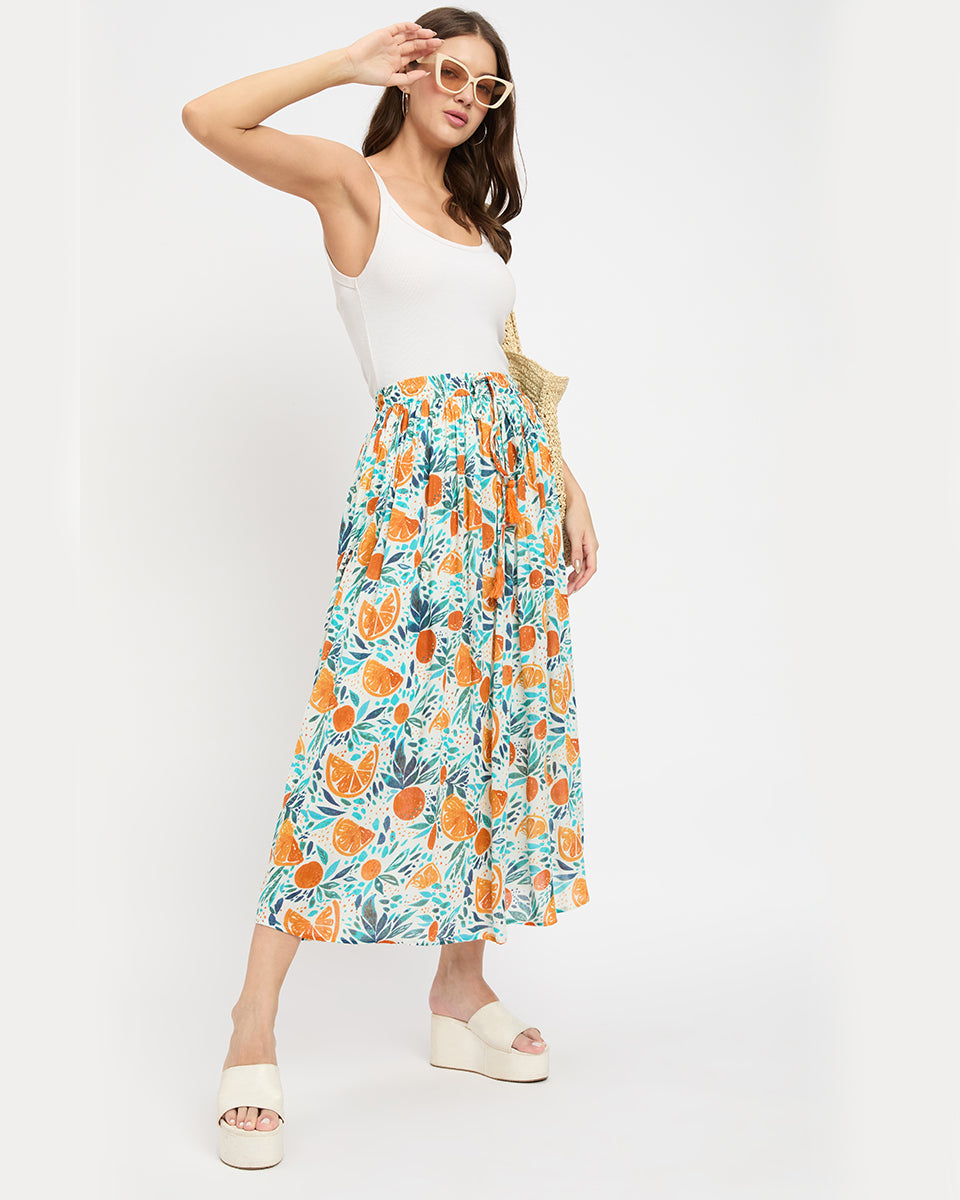 Fruit And Leaf Printed Rayon And Poly Knit Skirt For Women