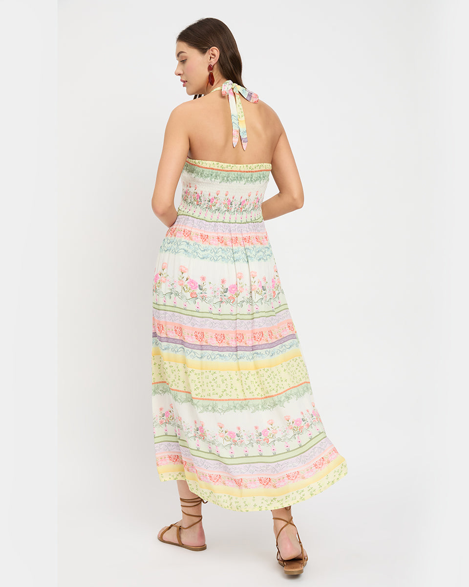 White Floral Astonishing Rayon Crepe Halter Neck Dress For Women