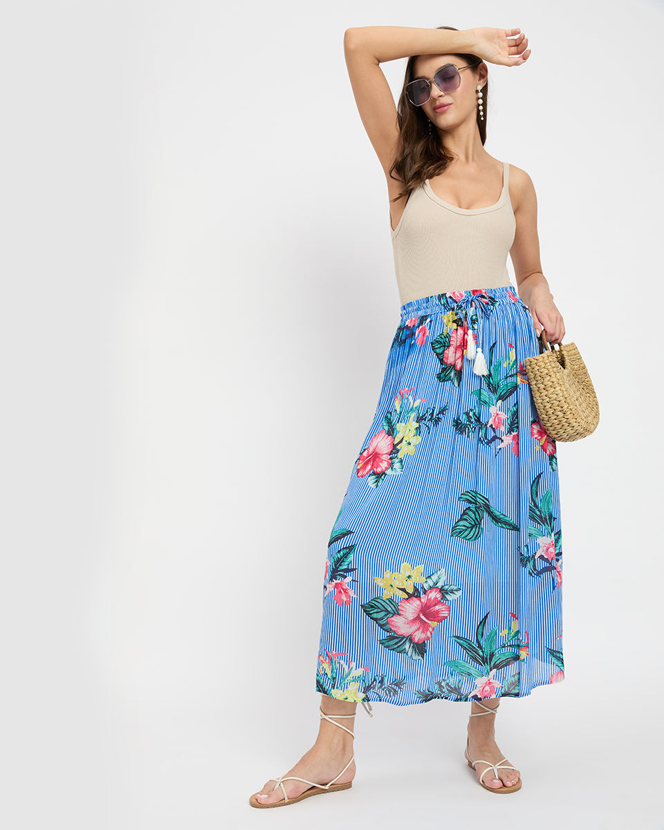 Blue Striped Floral Print Poly Knit Rayon Gauze Skirt For Women