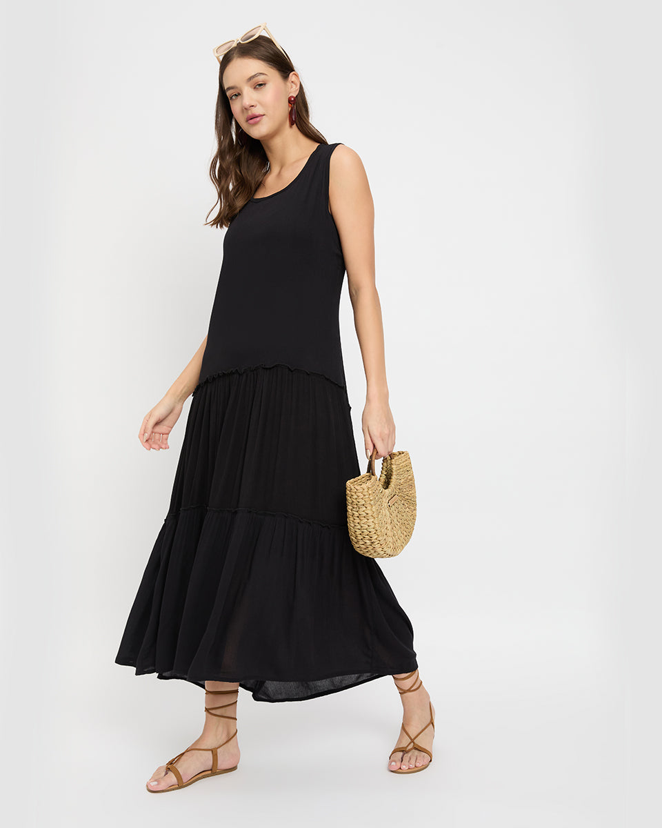 Solid Black Rayon Women Maxi Dress for Wedding Guest
