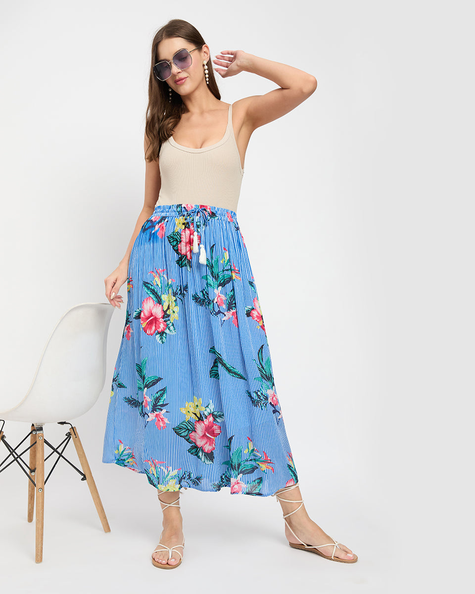 Blue Striped Floral Print Poly Knit Rayon Gauze Skirt For Women