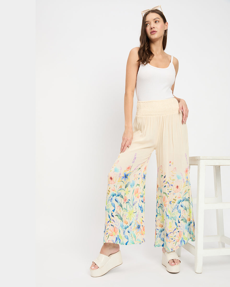 Floral Print Beige Women Loose Fit Casual Pants