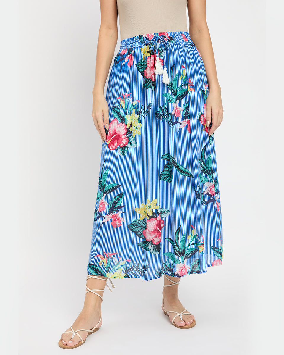 Blue Striped Floral Print Poly Knit Rayon Gauze Skirt For Women