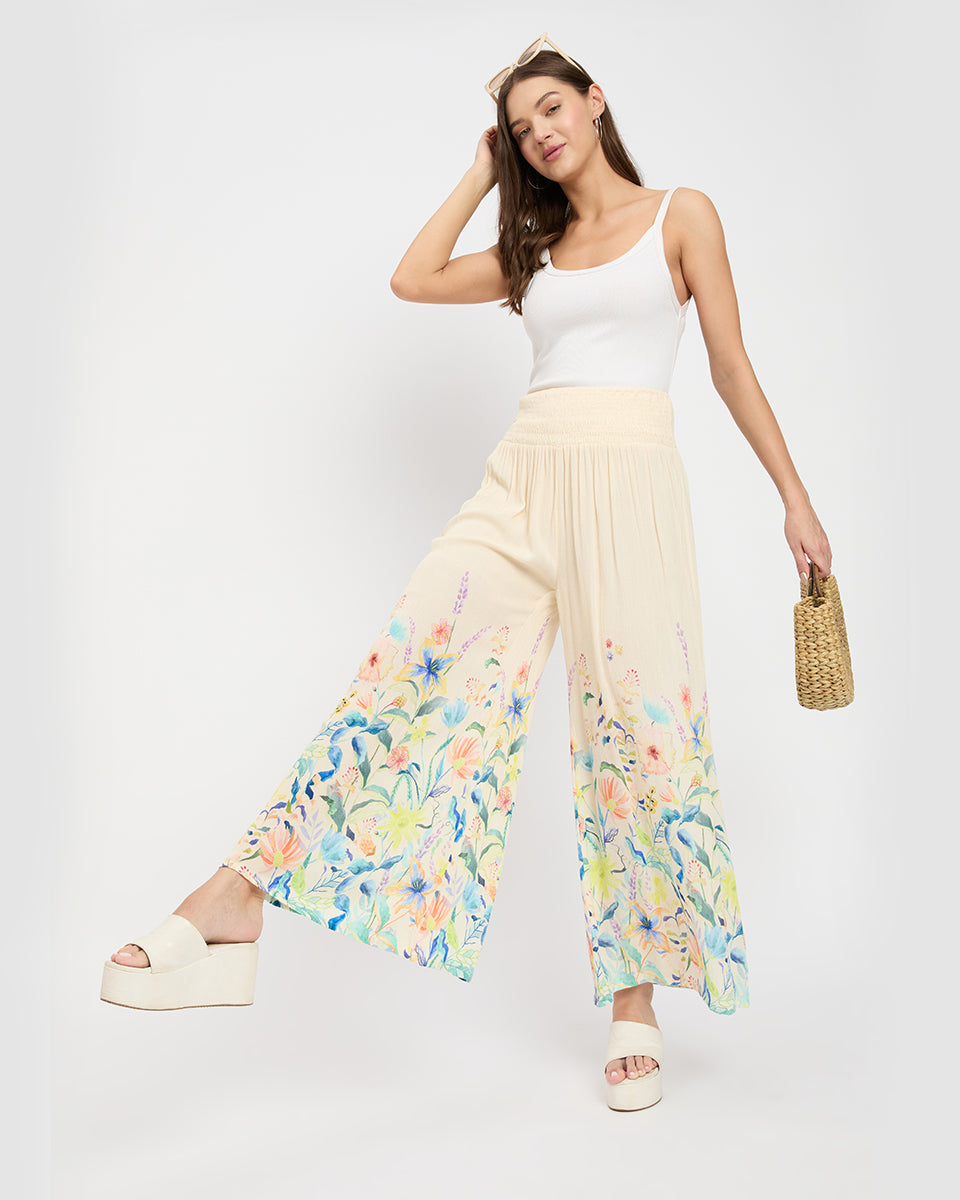 Floral Print Beige Women Loose Fit Casual Pants