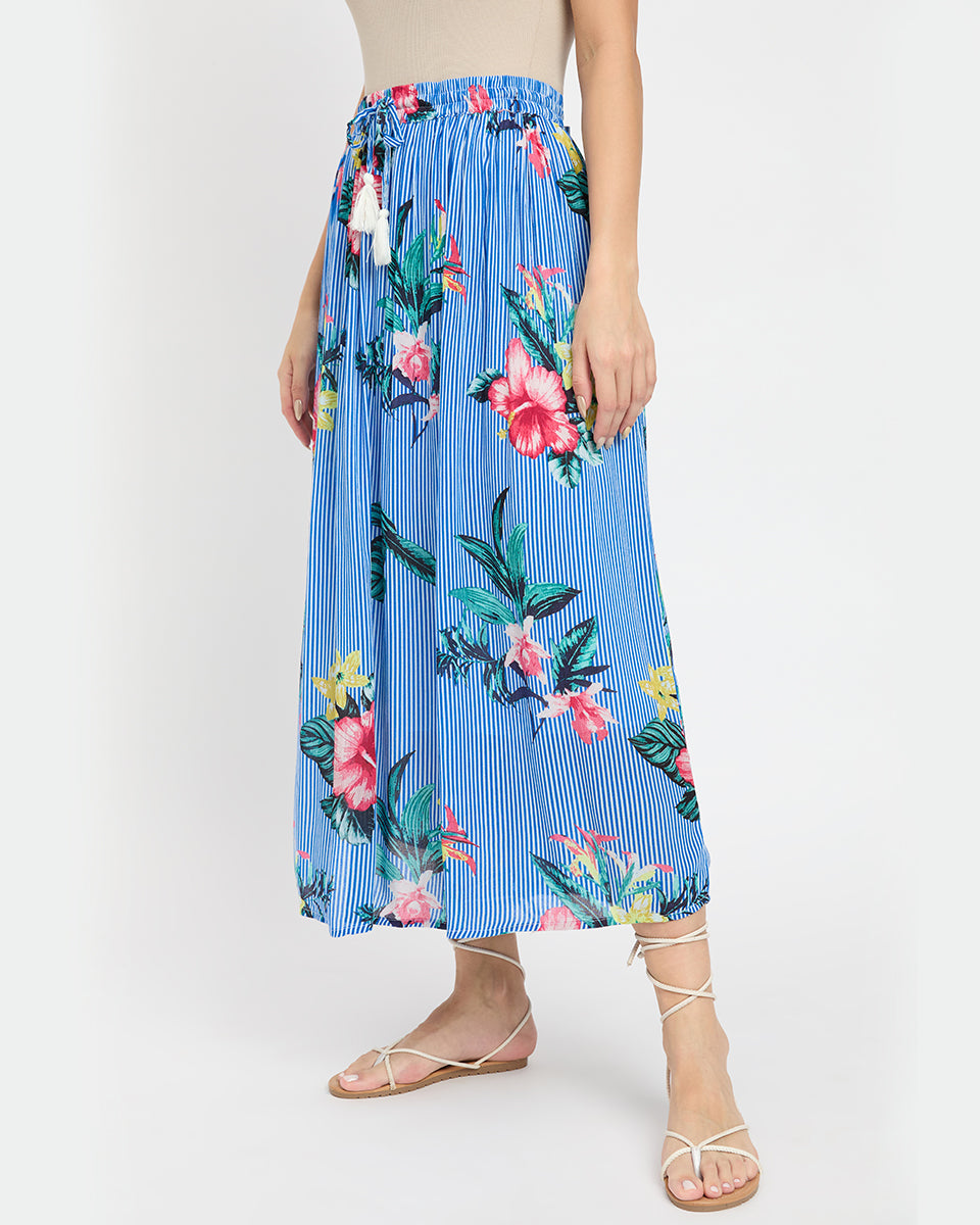Blue Striped Floral Print Poly Knit Rayon Gauze Skirt For Women