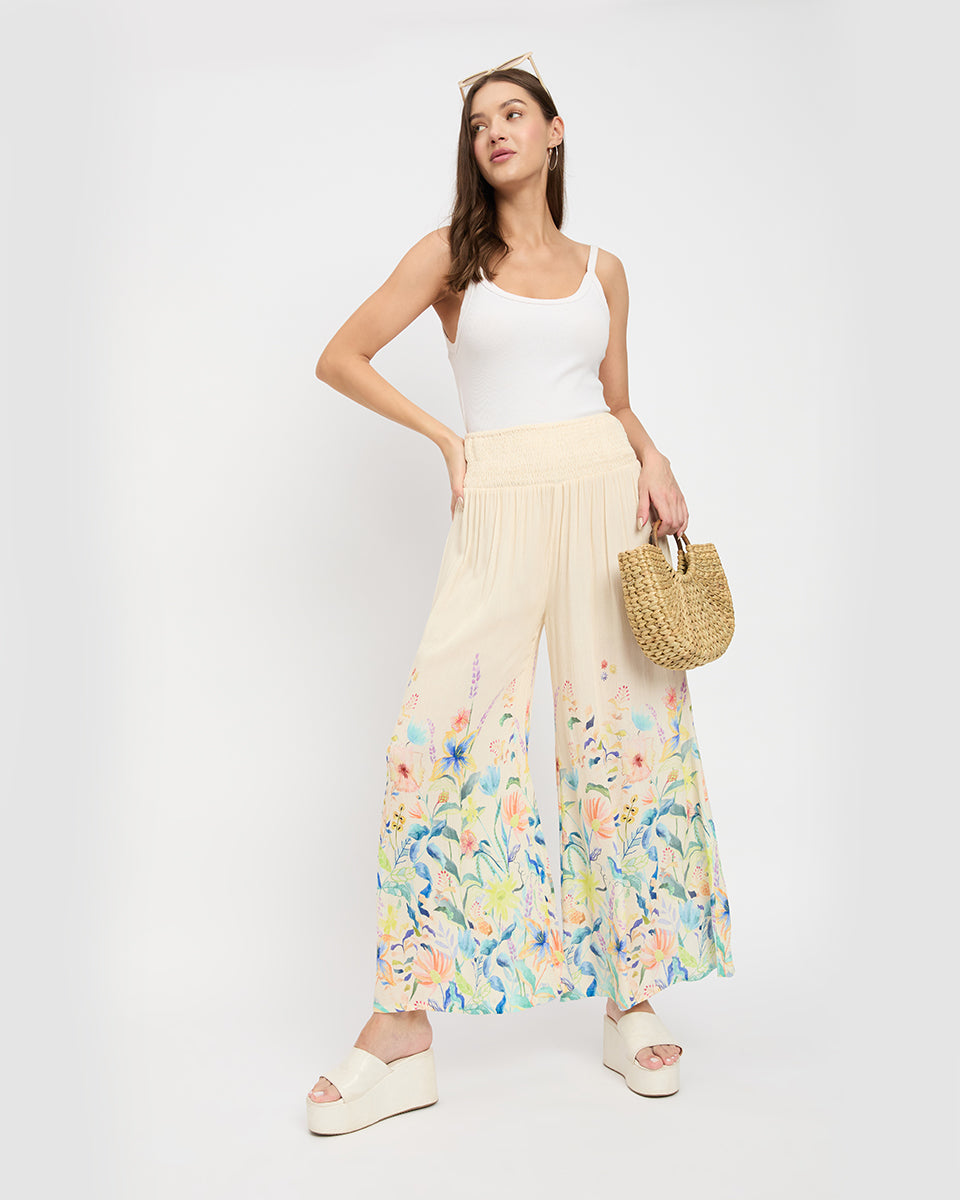 Floral Print Beige Women Loose Fit Casual Pants