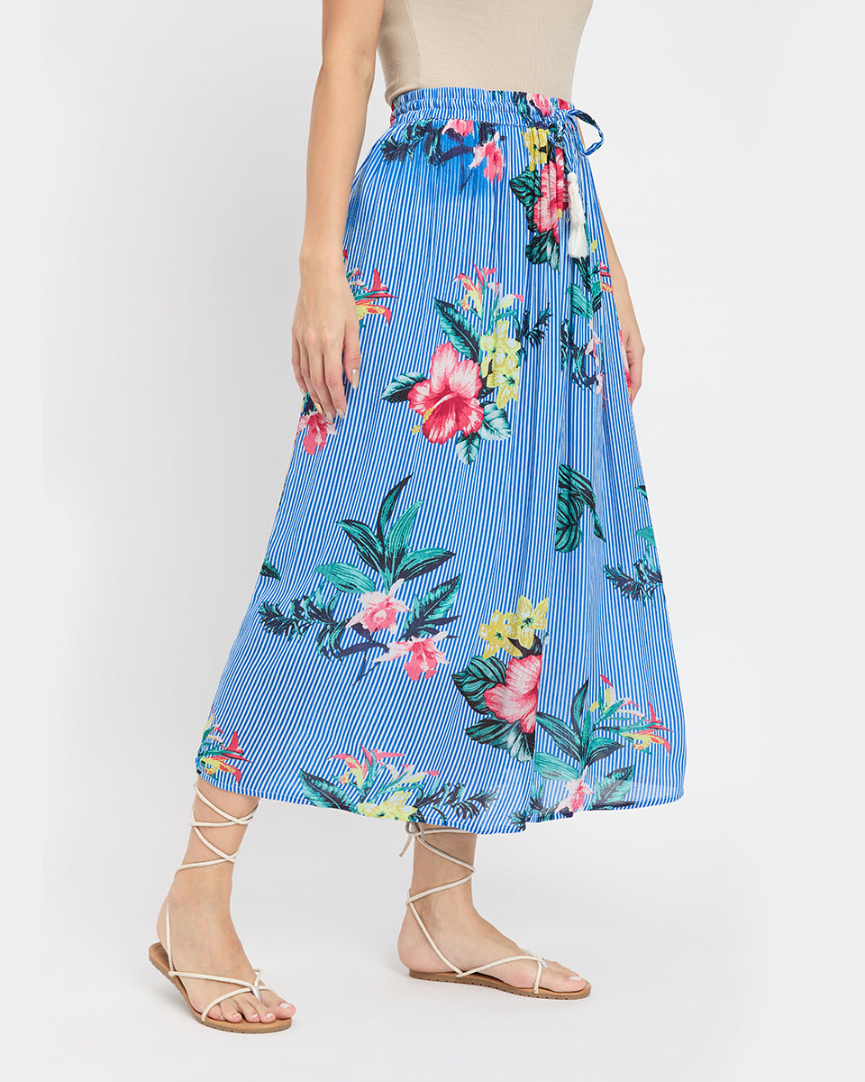 Blue Striped Floral Print Poly Knit Rayon Gauze Skirt For Women