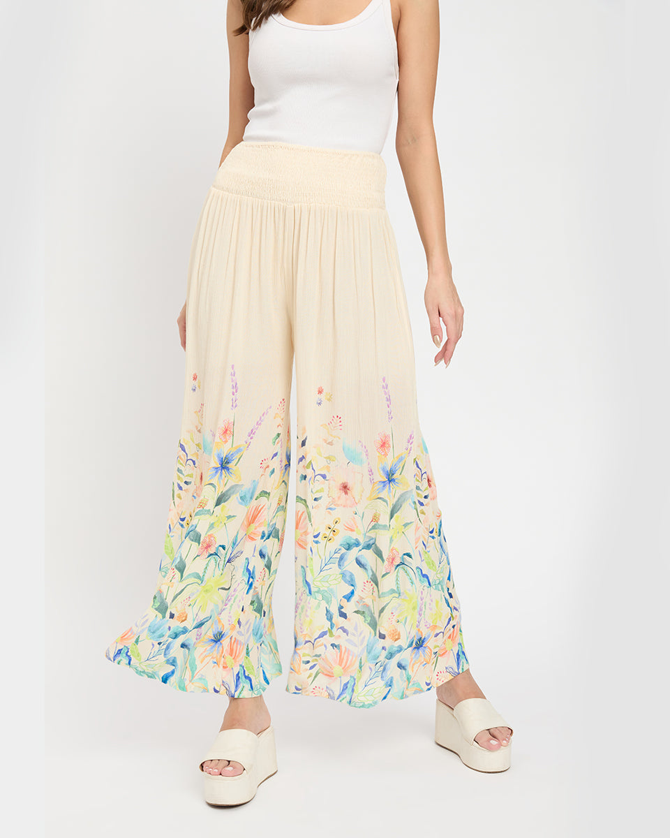 Floral Print Beige Women Loose Fit Casual Pants