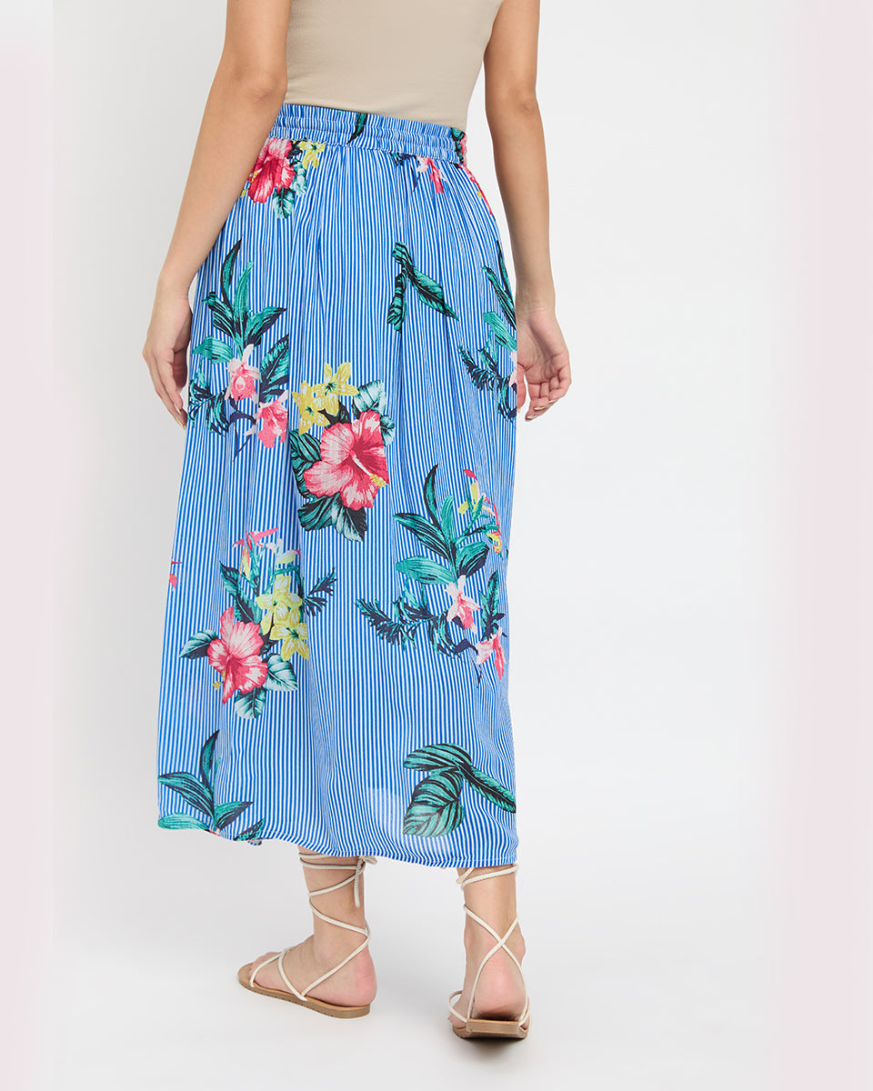 Blue Striped Floral Print Poly Knit Rayon Gauze Skirt For Women