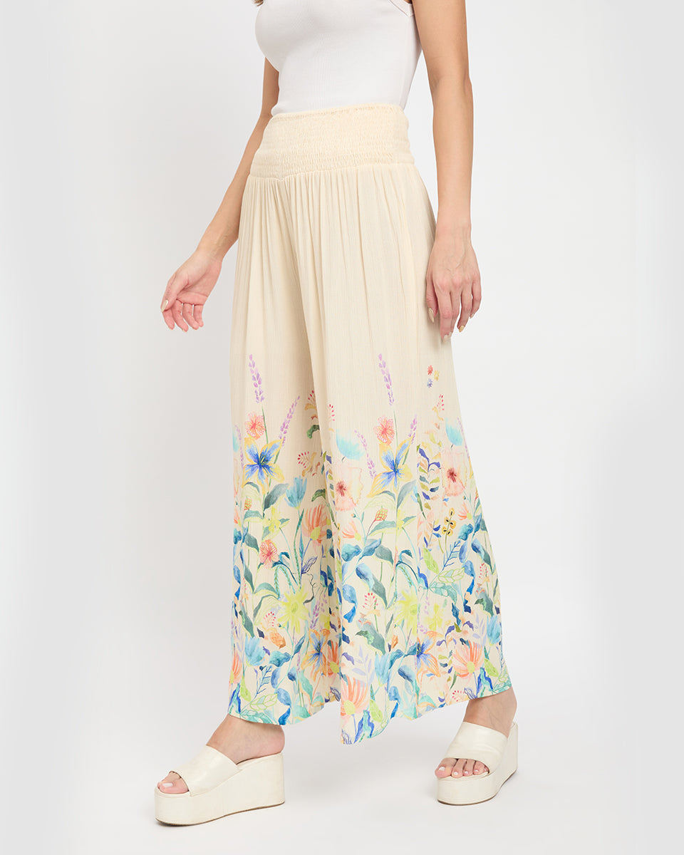 Floral Print Beige Women Loose Fit Casual Pants