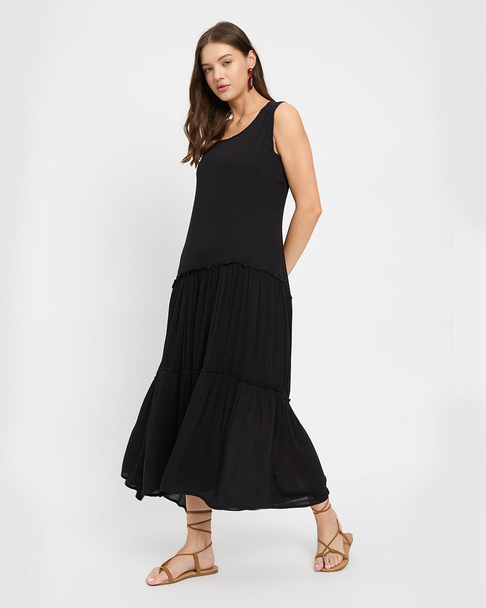 Solid Black Rayon Women Maxi Dress for Wedding Guest