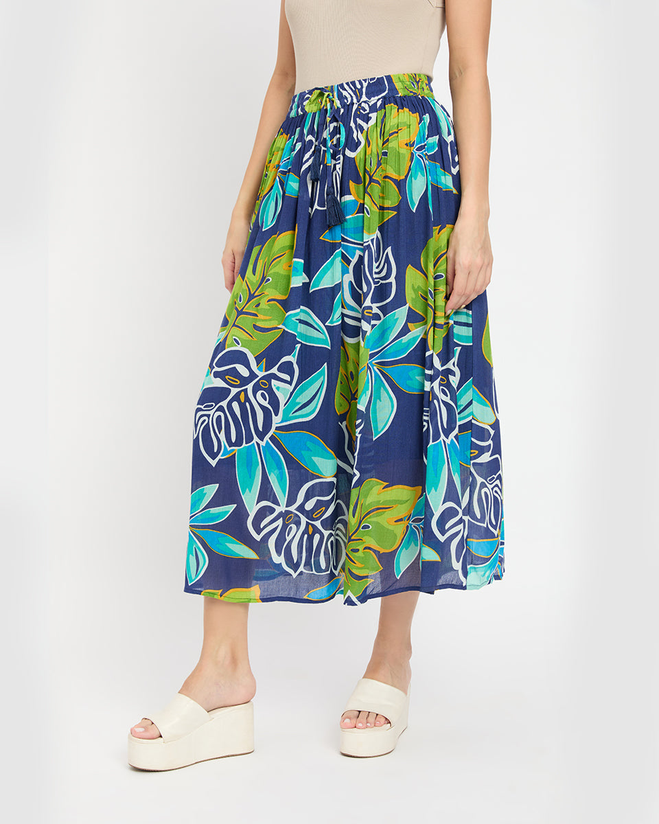 Multicolor Flower Leaf Print Rayon Crepe Poly Knit Skirt For Women