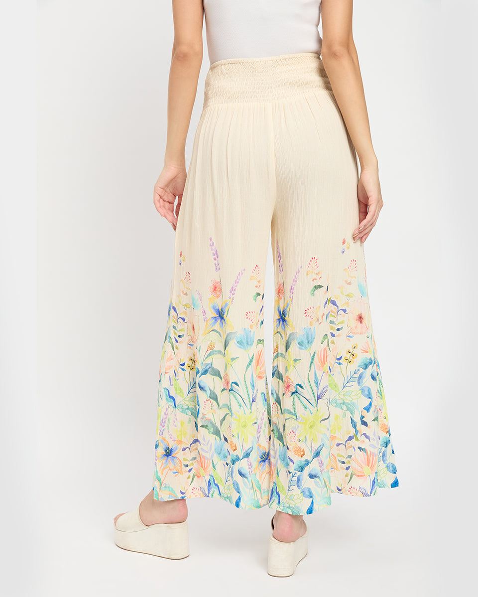 Floral Print Beige Women Loose Fit Casual Pants