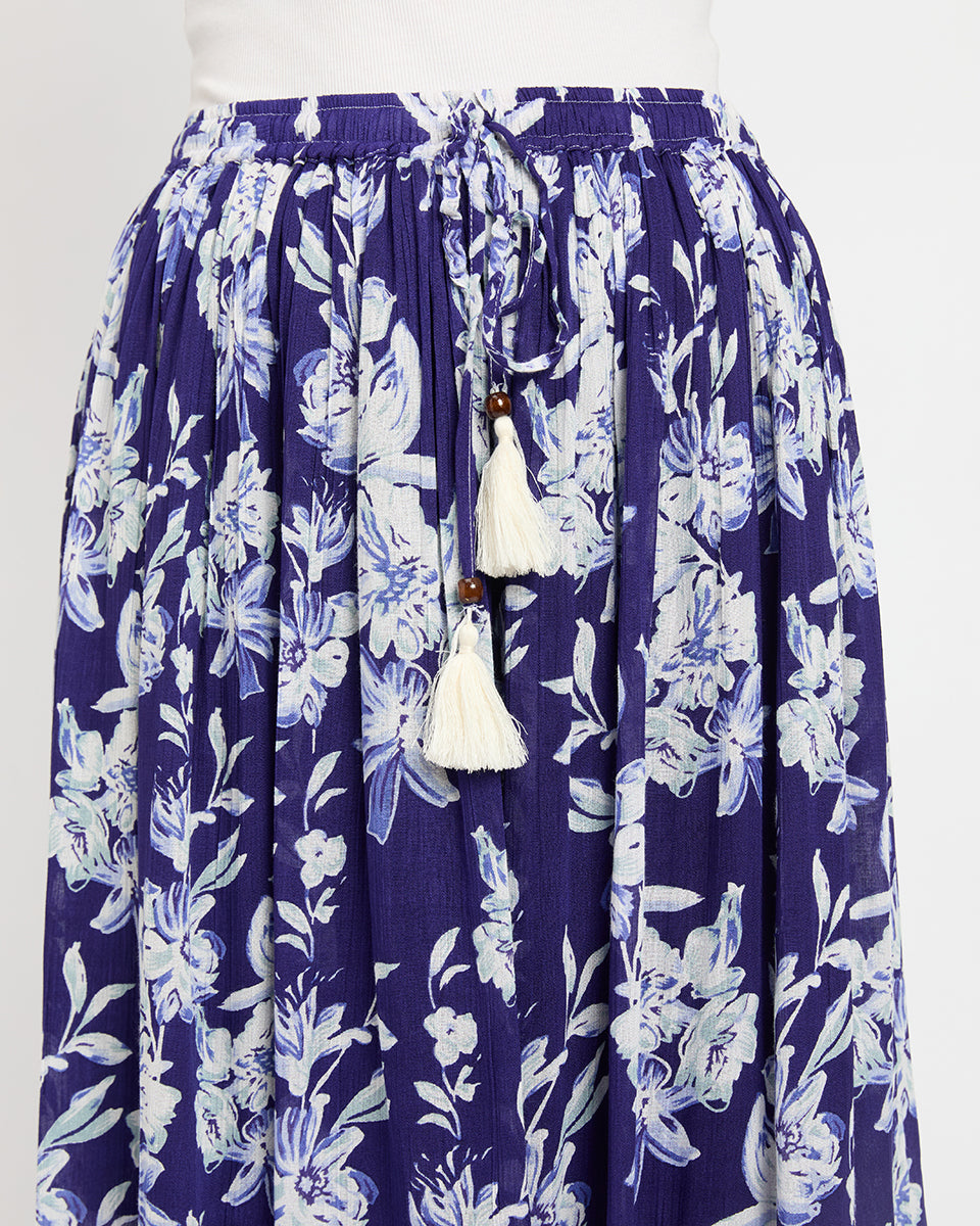 Navy Blue And White Floral Print Poly Knit Rayon Skirt For Women