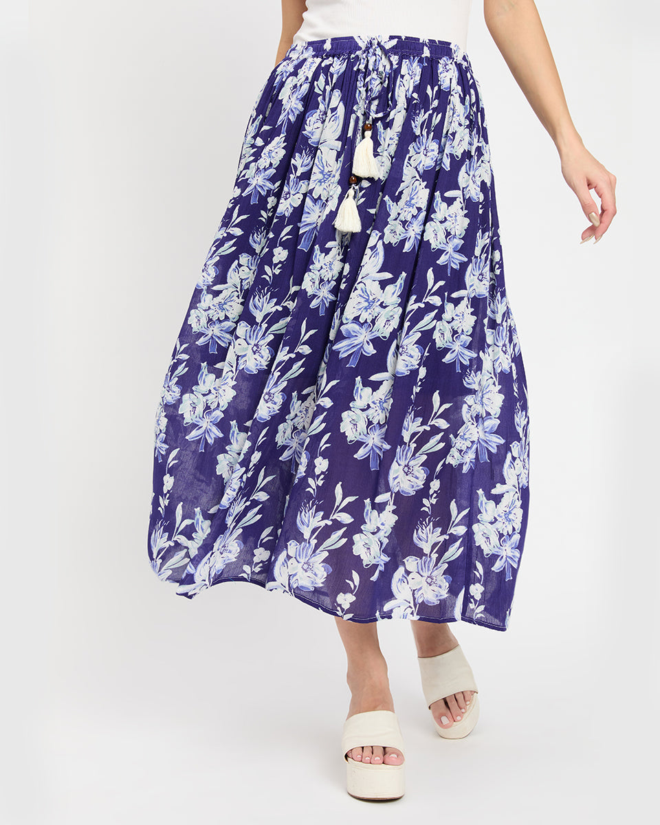 Navy Blue And White Floral Print Poly Knit Rayon Skirt For Women