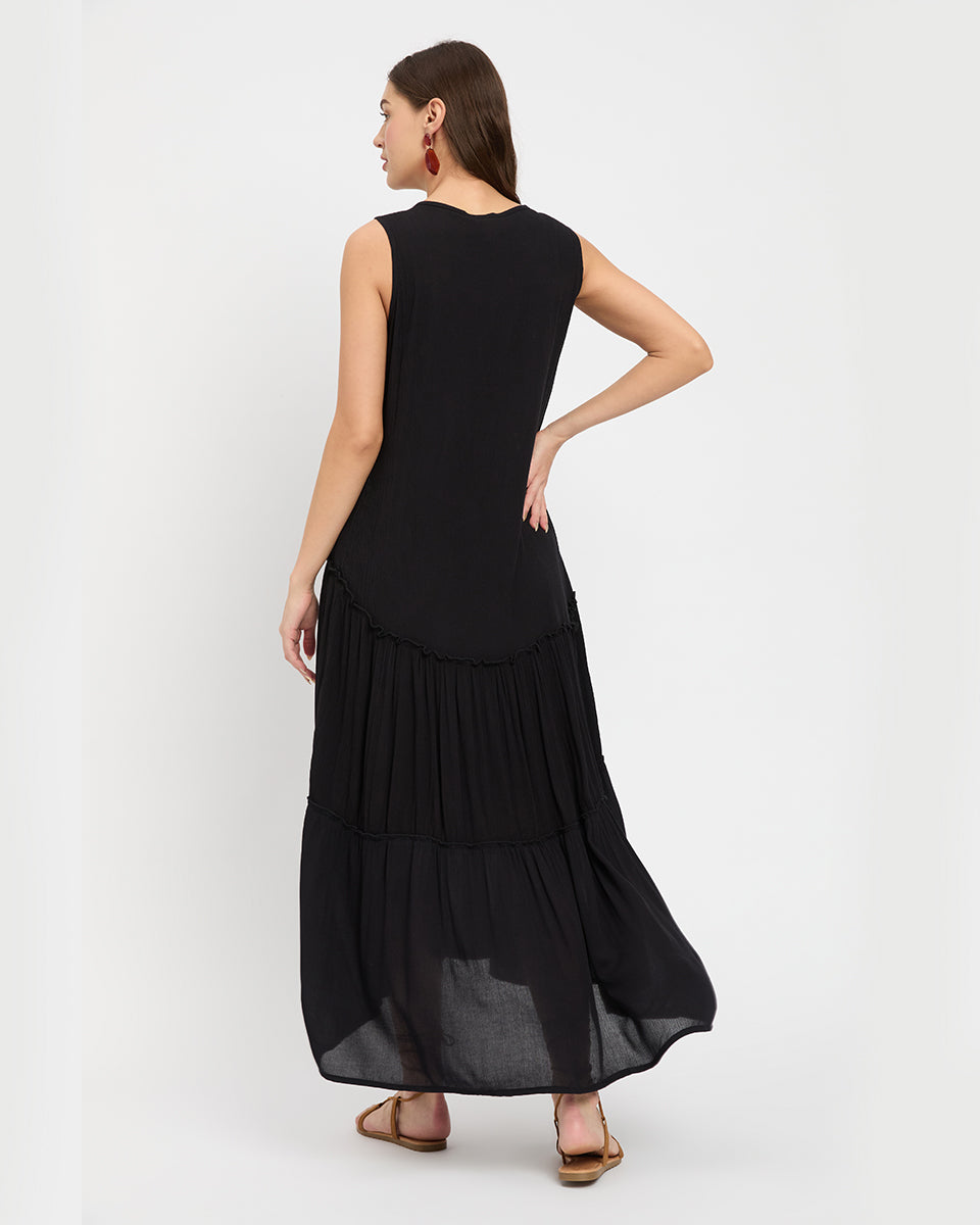 Solid Black Rayon Women Maxi Dress for Wedding Guest