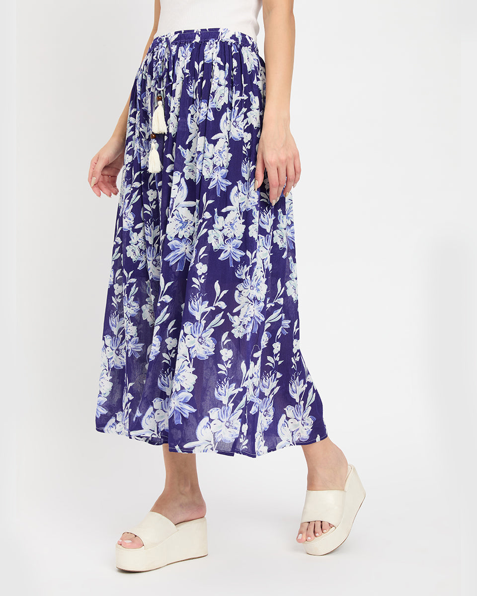 Navy Blue And White Floral Print Poly Knit Rayon Skirt For Women