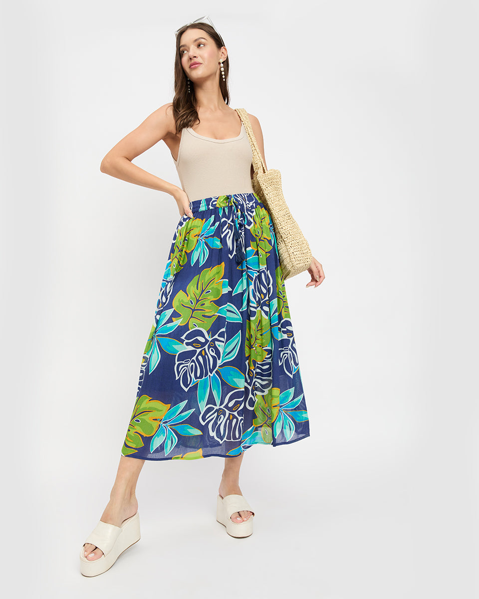 Multicolor Flower Leaf Print Rayon Crepe Poly Knit Skirt For Women