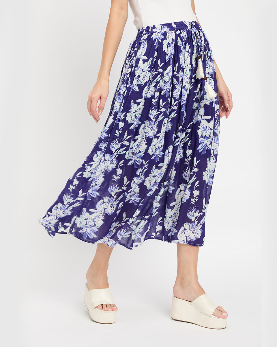 Navy Blue And White Floral Print Poly Knit Rayon Skirt For Women