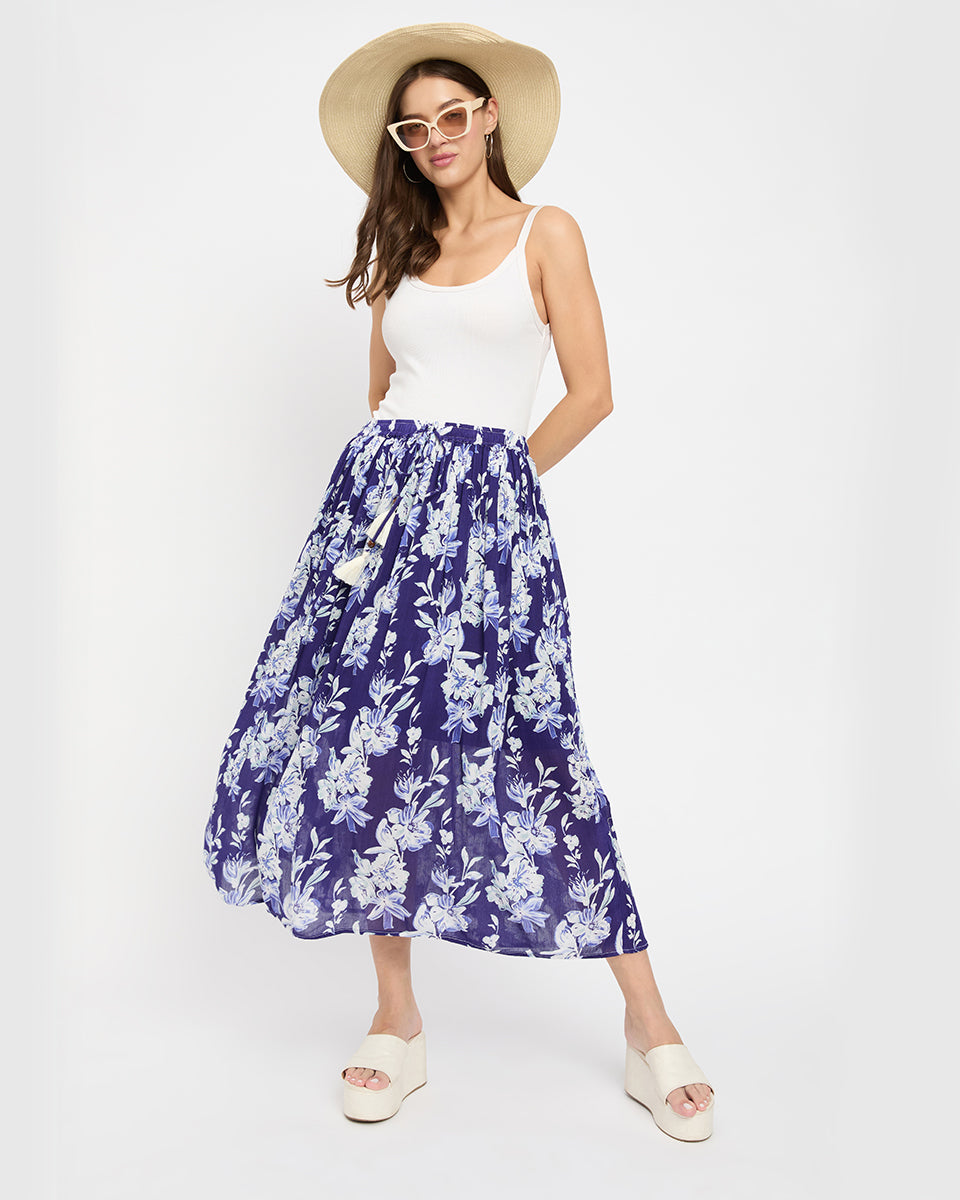 Navy Blue And White Floral Print Poly Knit Rayon Skirt For Women