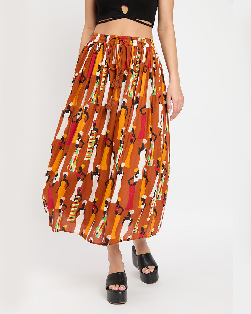 African Print Multicolor Rayon Long A Line Skirt For Women