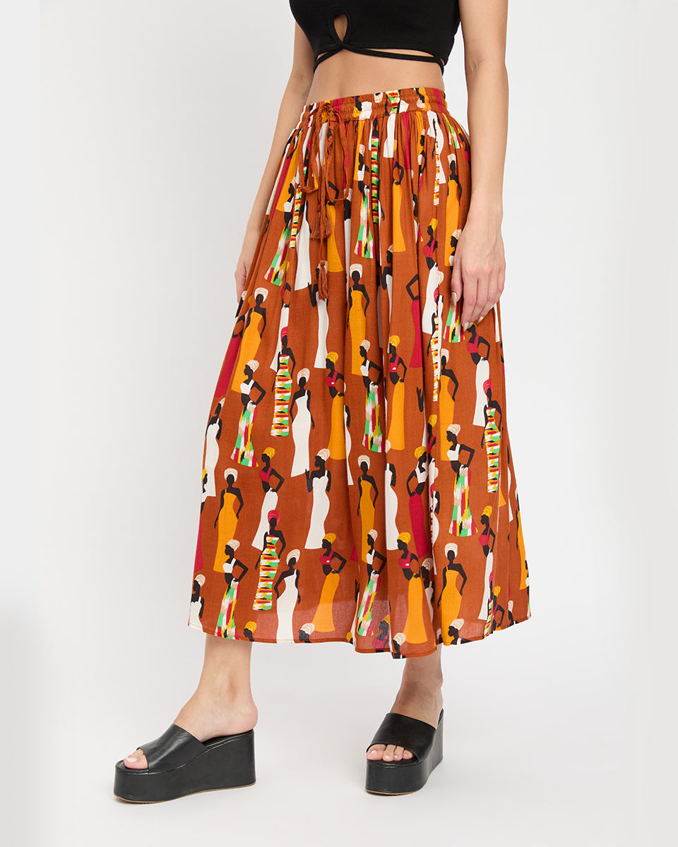 African Print Multicolor Rayon Long A Line Skirt For Women