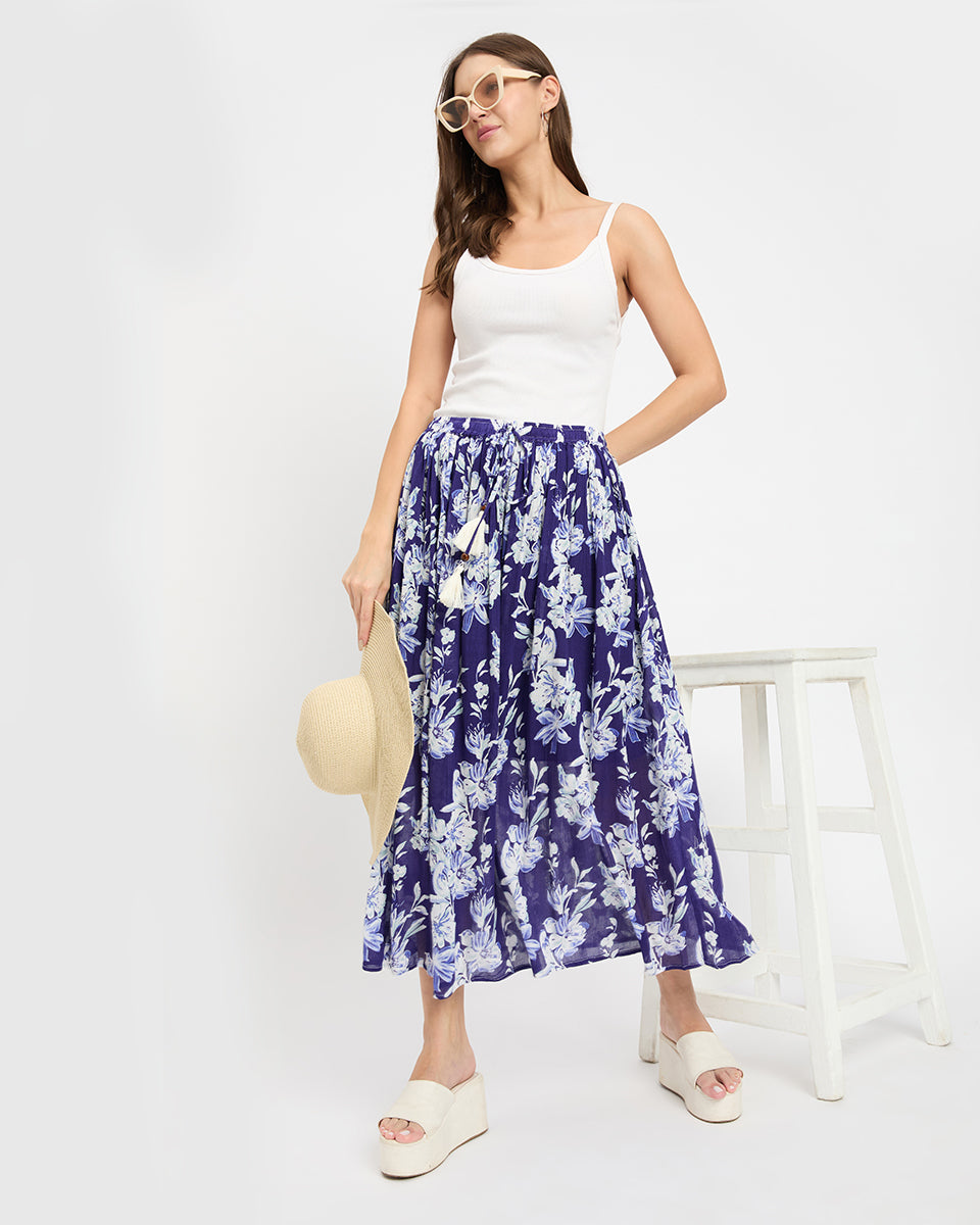 Navy Blue And White Floral Print Poly Knit Rayon Skirt For Women