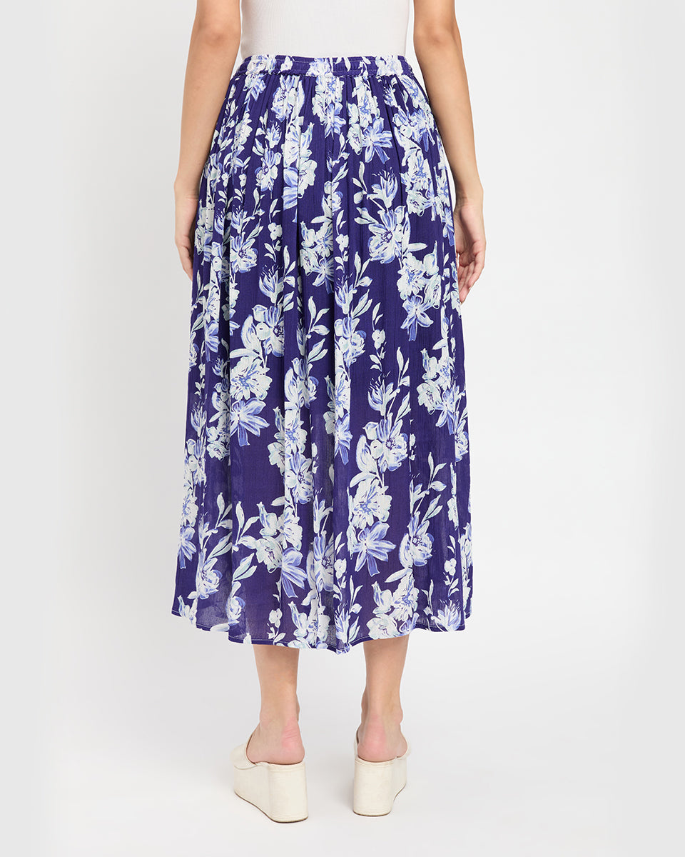 Navy Blue And White Floral Print Poly Knit Rayon Skirt For Women