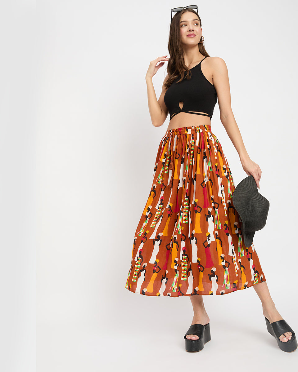 African Print Multicolor Rayon Long A Line Skirt For Women