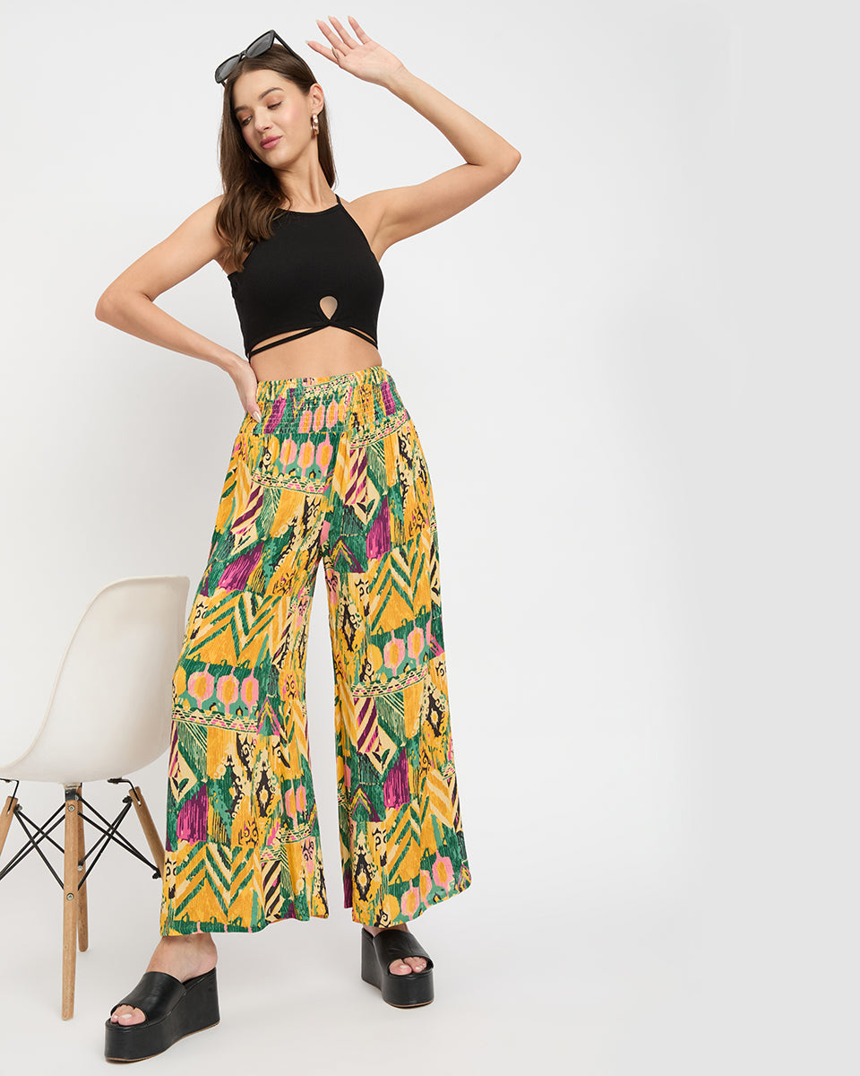 Multicolor Abstract Glamorous Rayon Crepe Flowy Pants For Women