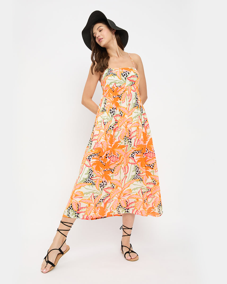 Orange Tropical Printed Alluring Spaghetti Straps Midi Dress For Women