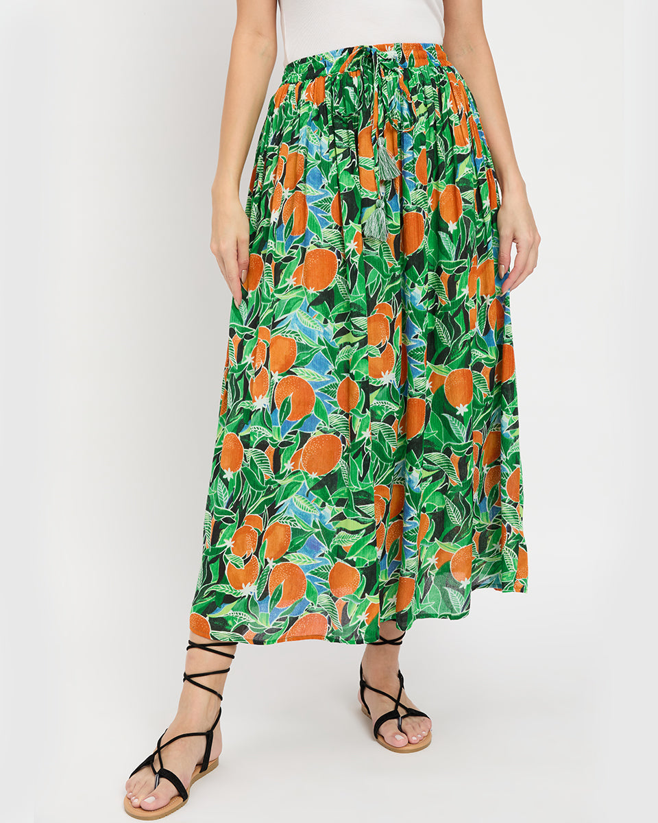 Fruit Print Multicolor Rayon Gauge And Poly Knit Skirt For Women