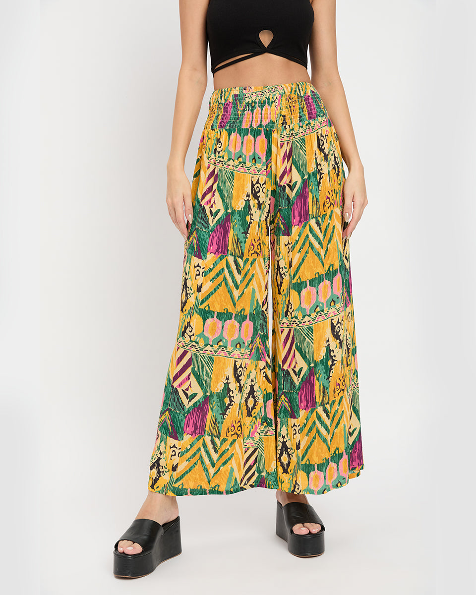 Multicolor Abstract Glamorous Rayon Crepe Flowy Pants For Women