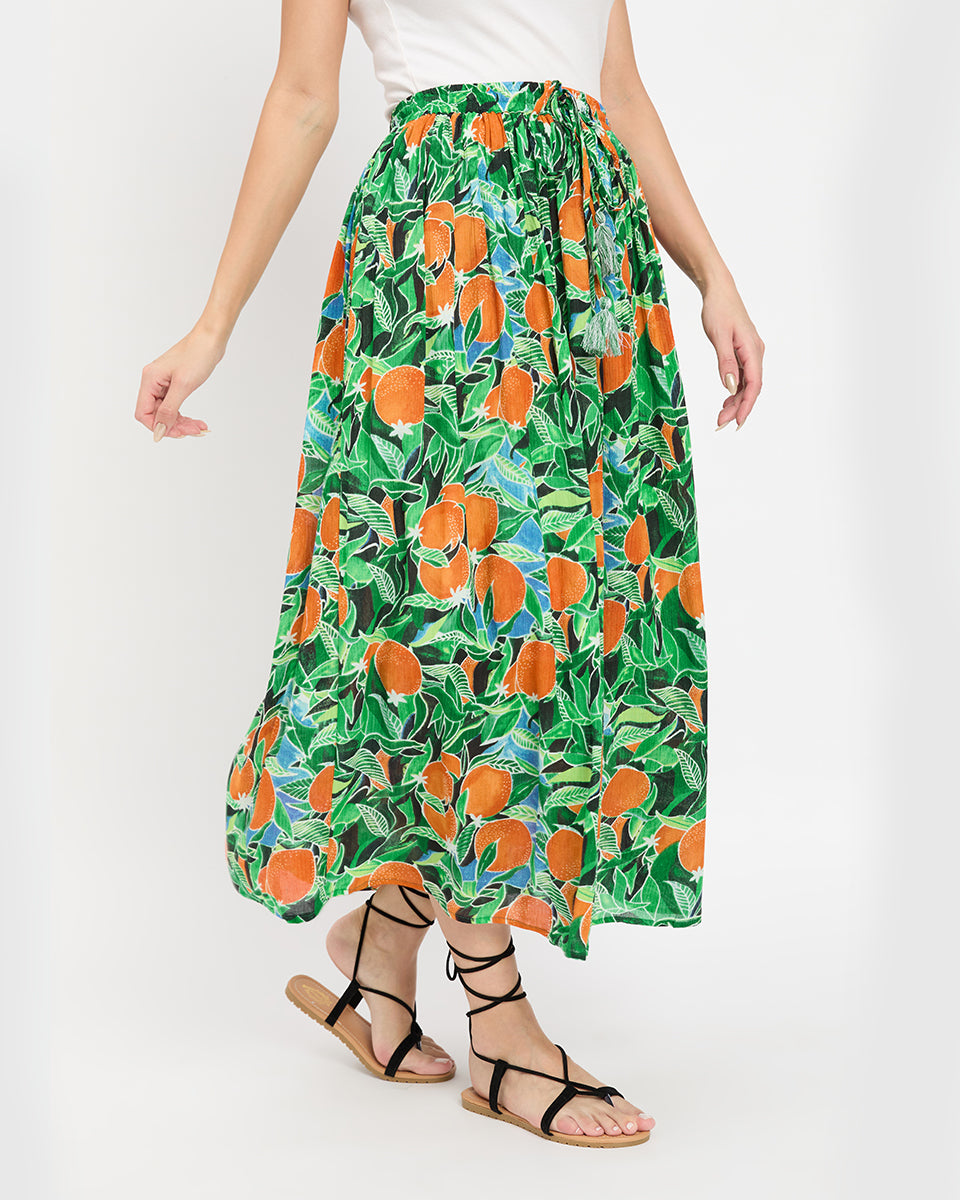 Fruit Print Multicolor Rayon Gauge And Poly Knit Skirt For Women