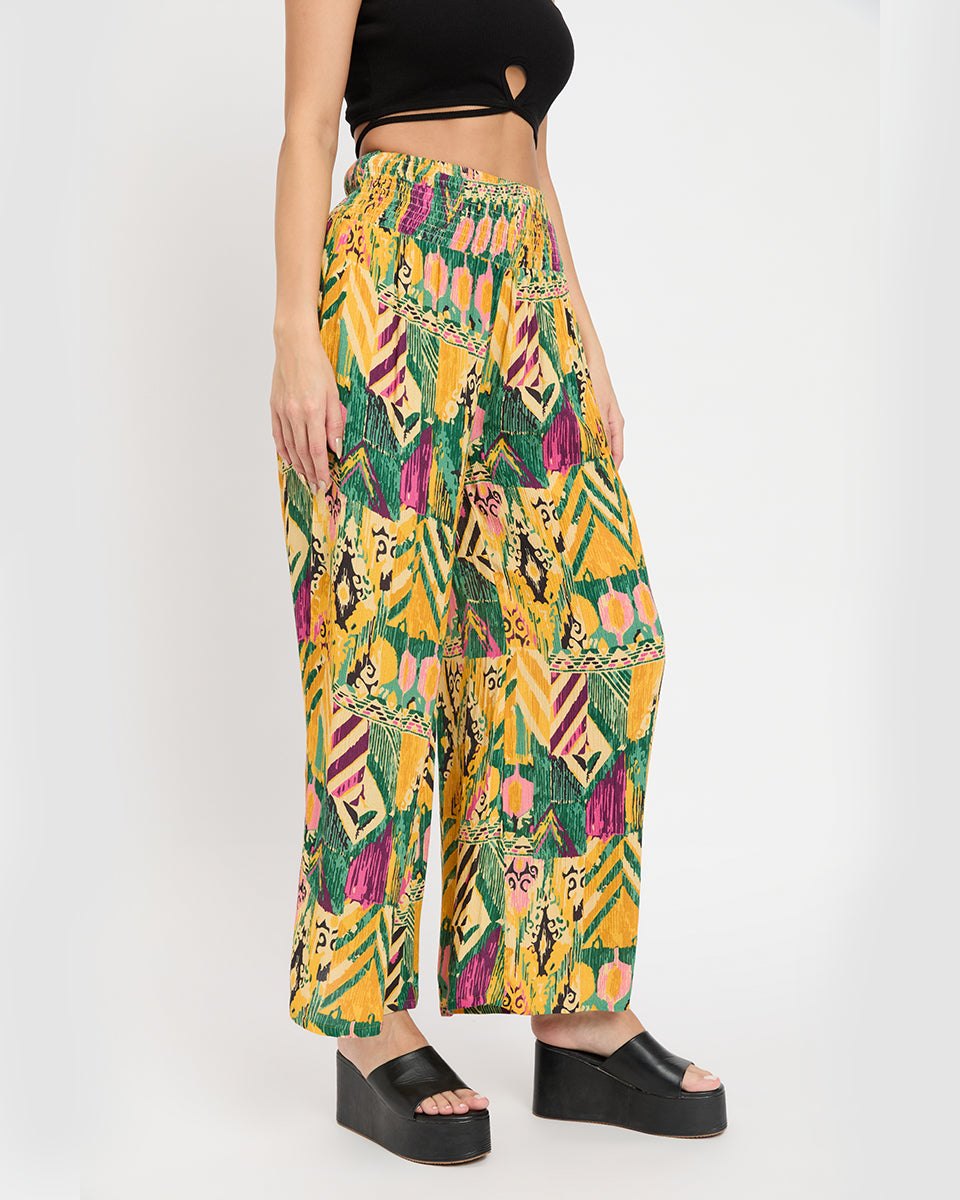 Multicolor Abstract Glamorous Rayon Crepe Flowy Pants For Women
