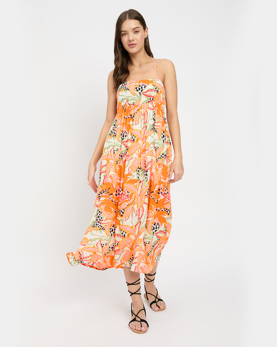Orange Tropical Printed Alluring Spaghetti Straps Midi Dress For Women