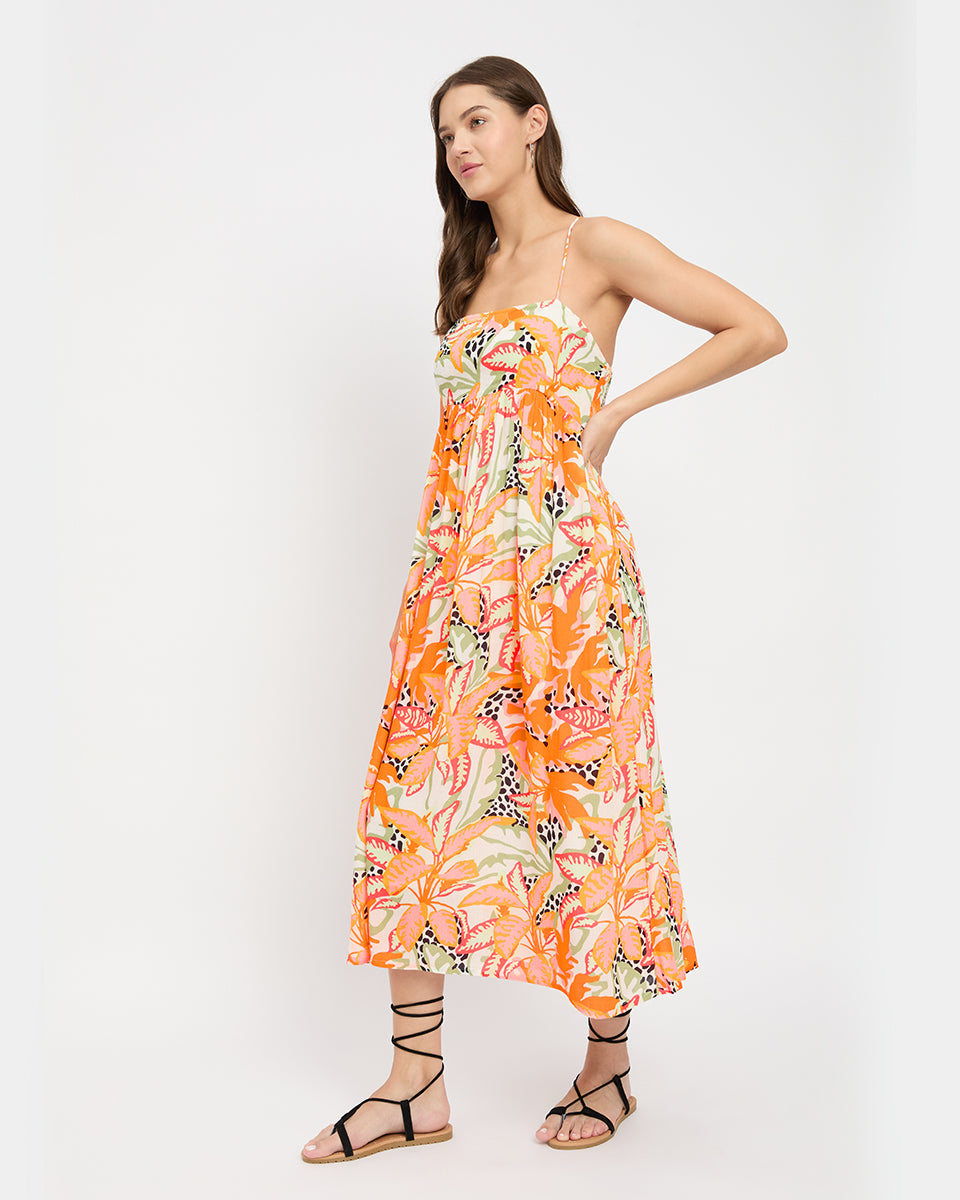 Orange Tropical Printed Alluring Spaghetti Straps Midi Dress For Women