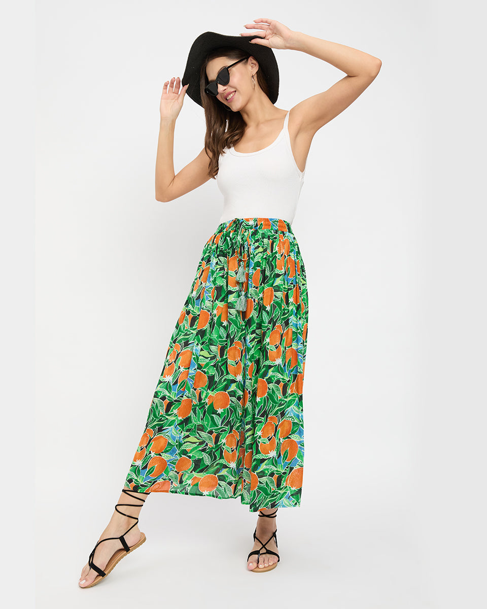 Fruit Print Multicolor Rayon Gauge And Poly Knit Skirt For Women
