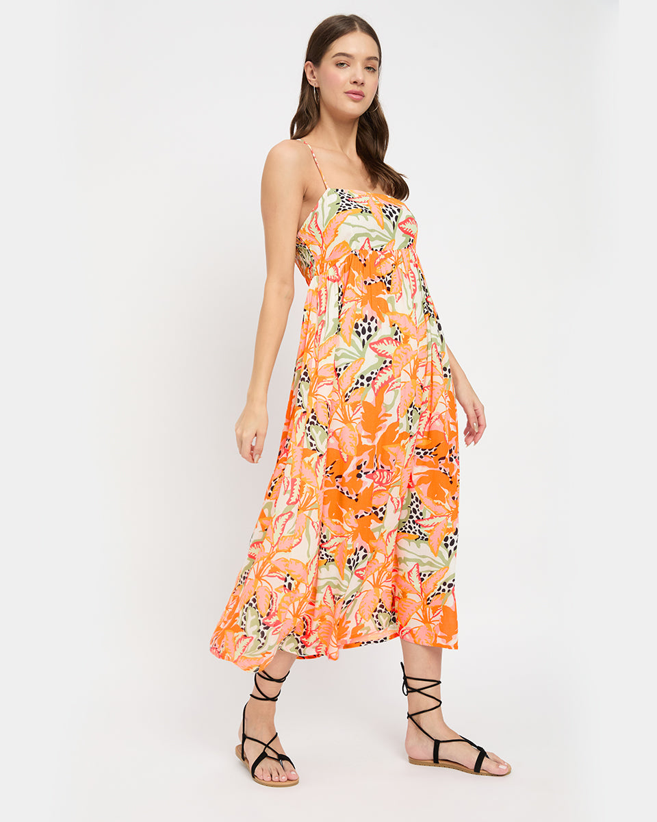 Orange Tropical Printed Alluring Spaghetti Straps Midi Dress For Women