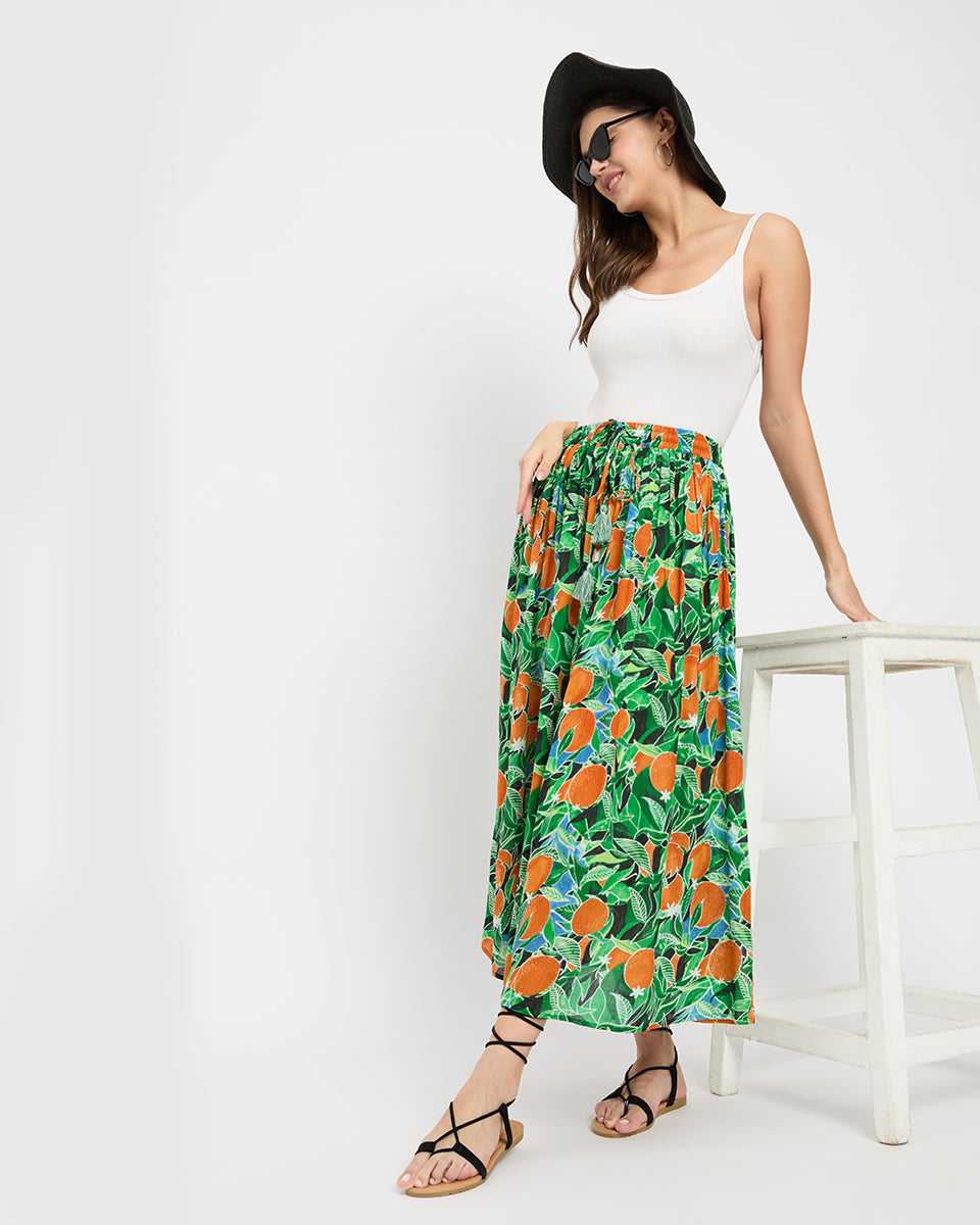 Fruit Print Multicolor Rayon Gauge And Poly Knit Skirt For Women